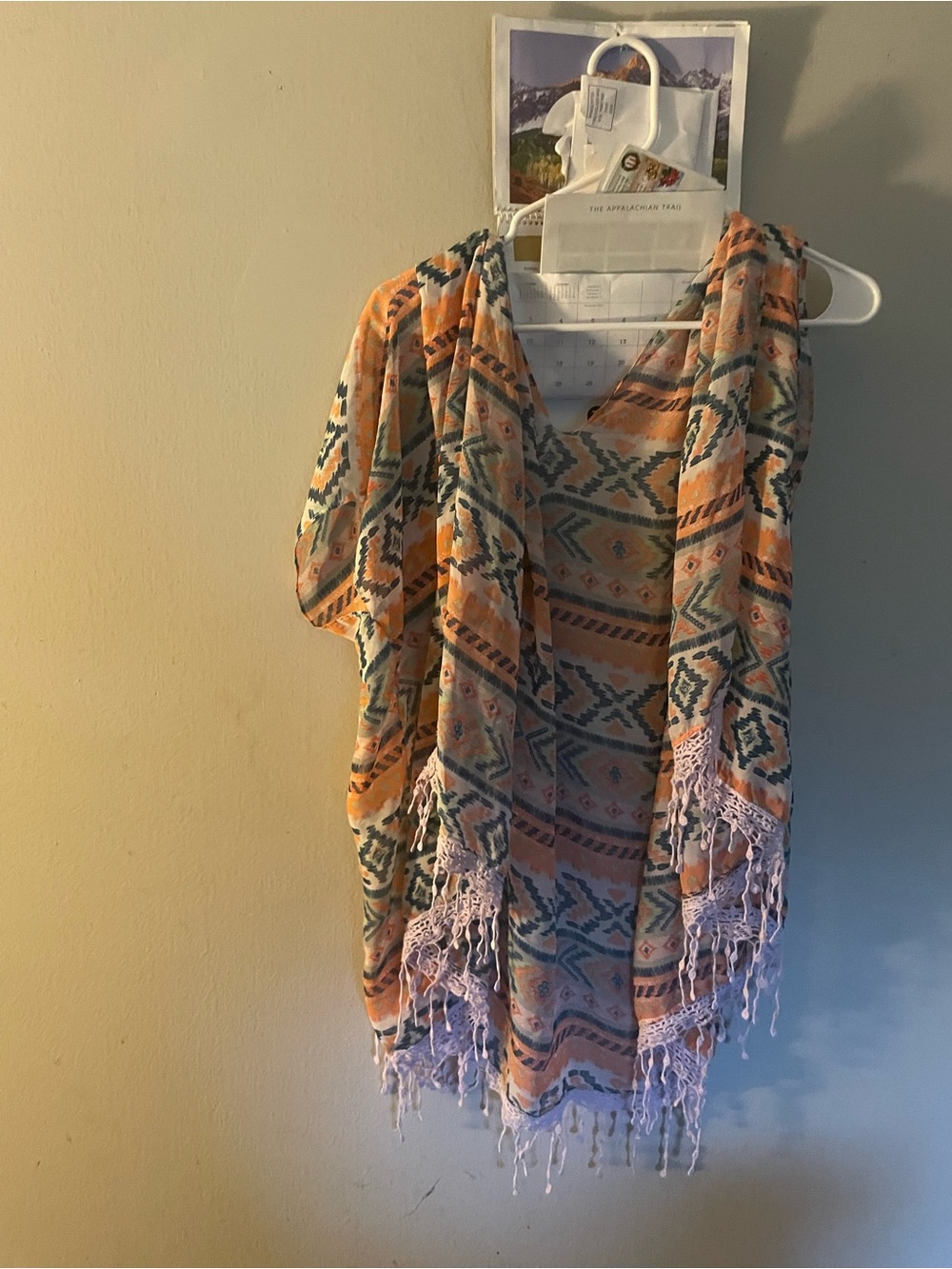 Boho Aztec Fringe Kimono in Orange, Teal & Cream